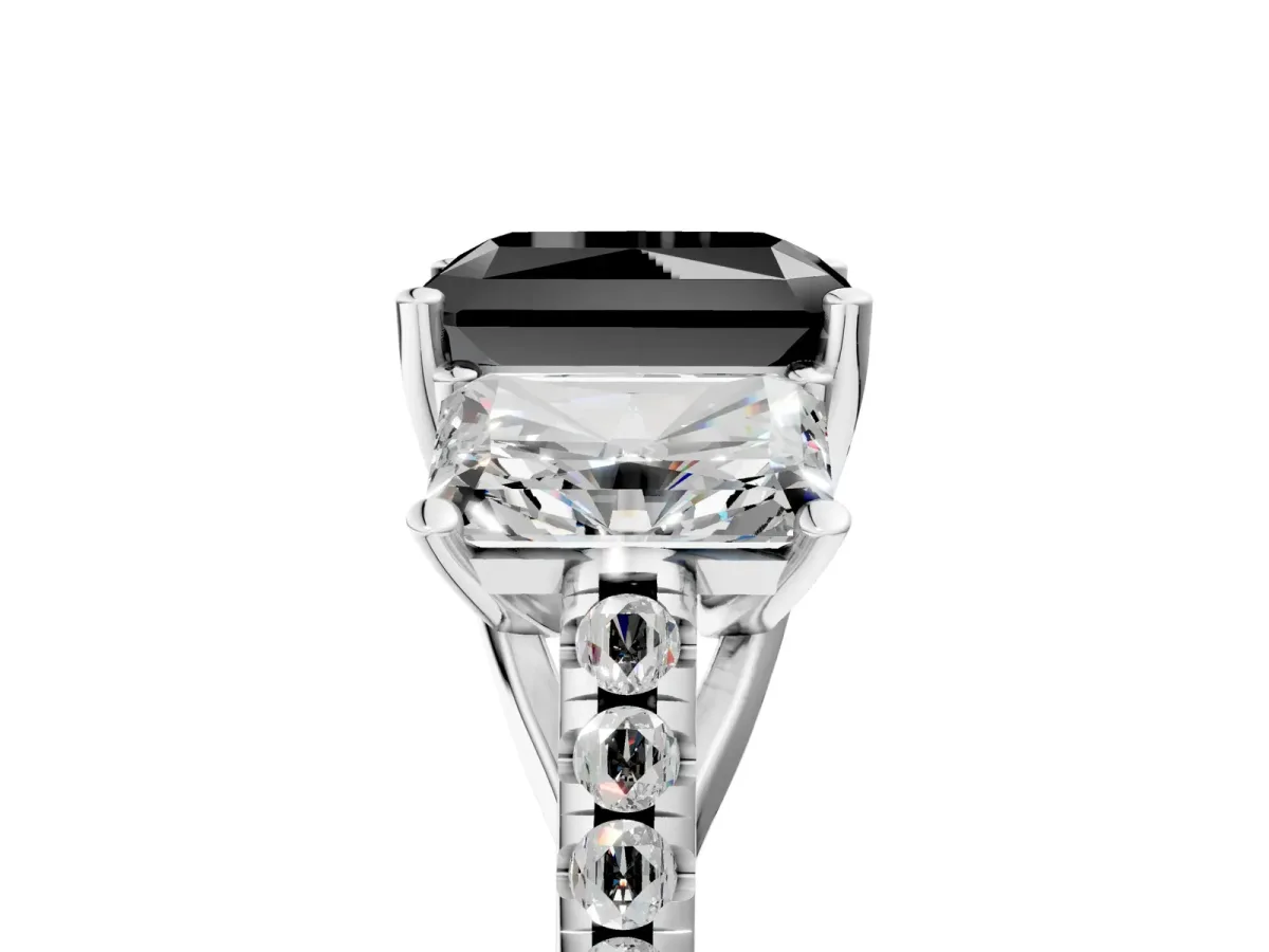 Fancy Black Three-Stone Radiant Cut Diamond Ring with Round Pavé Band and Prong Setting White gold