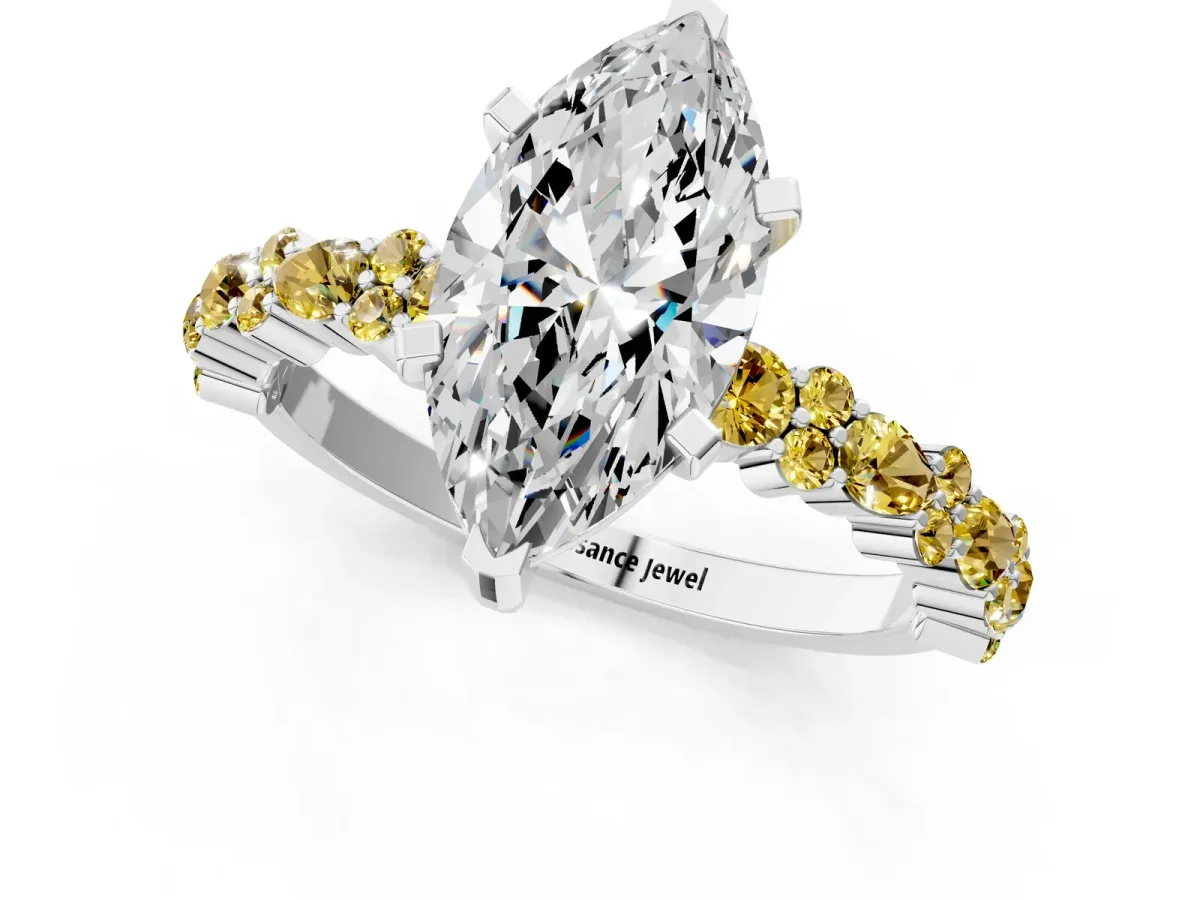 Marquise Cut Diamond Side Stone Solitaire Ring with Round Yellow Sapphire and Four-Prong Setting Platinum