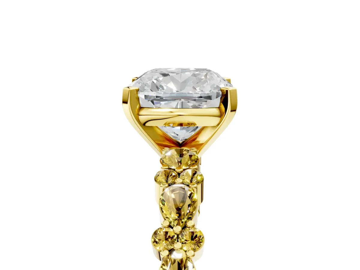 Cushion Cut Diamond Side Stone Solitaire Ring with Round Yellow Sapphire and Four-Prong Setting Yellow gold