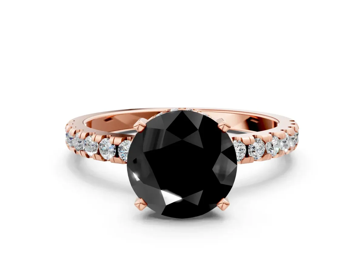 Fancy Black Round Cut Diamond Solitaire Ring with Round Pavé Band and Four-Prong Setting Rose gold