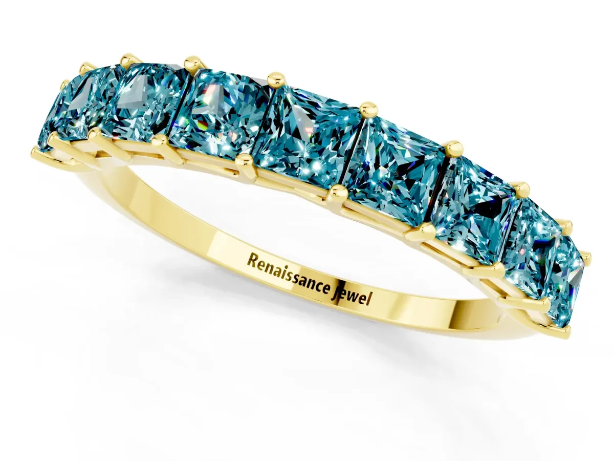 Princess Cut Blue Topaz Channel-Set Eternity Band with Prong Setting Yellow gold