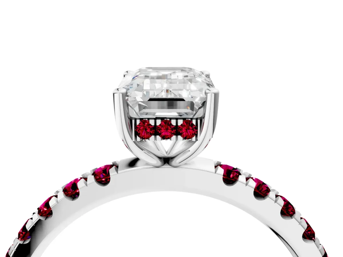 Emerald Cut Diamond Pave Band Solitaire Ring with Round Garnet and Prong Setting White gold