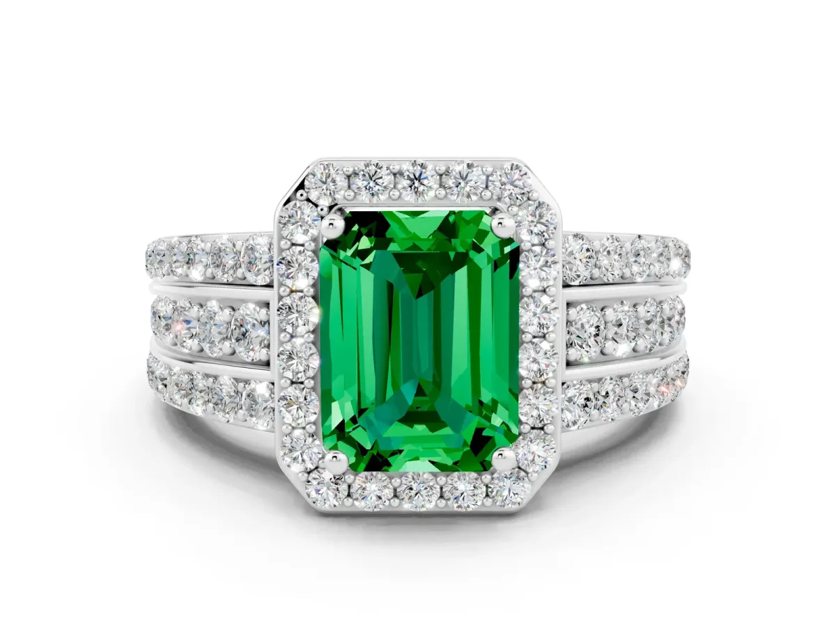 Emerald Cut Halo Emerald Ring with Round Split Shank and Prong Setting Platinum