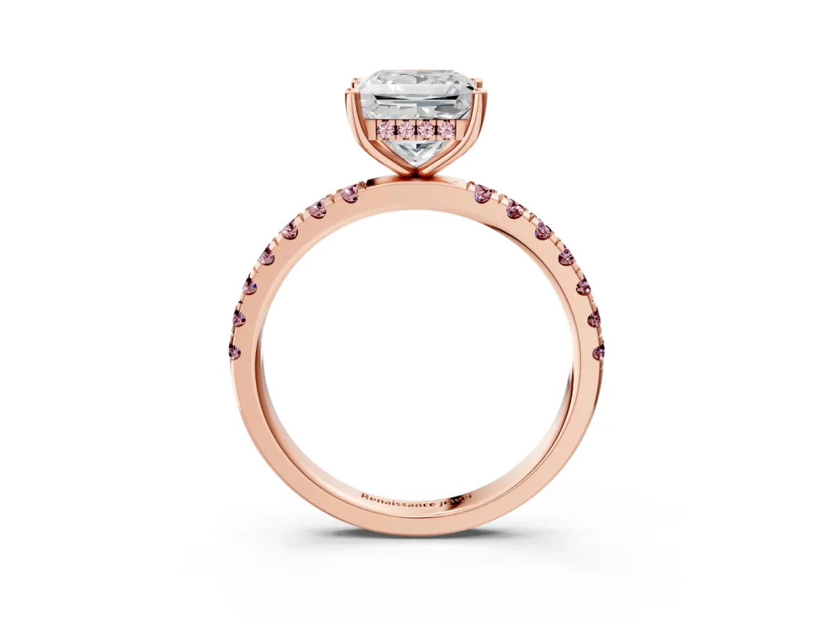 Princess Cut Diamond Pave Band Solitaire Ring with Round Morganite and Prong Setting Rose gold