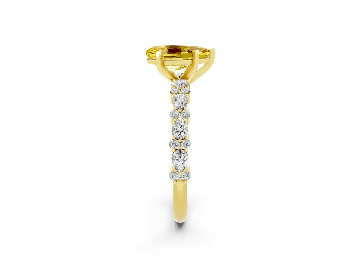 Pear Cut Yellow Sapphire Side Stone Solitaire Ring with Round and Four-Prong Setting Yellow gold