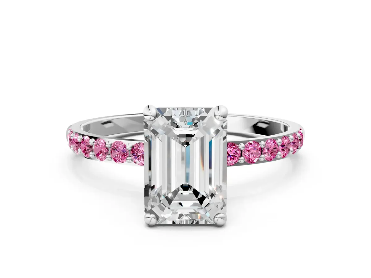 Emerald Cut Diamond Solitaire Ring with Round Pink Sapphire Pavé Band and Prong Setting Platinum