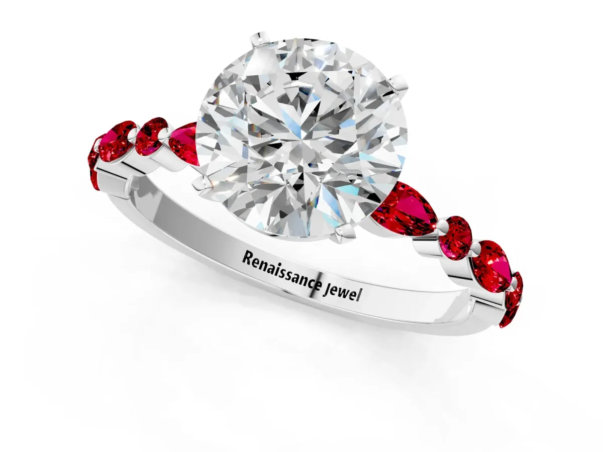 Round Cut Diamond Ring with Marquise and Round Ruby Side Stones and Four-Prong Setting White gold