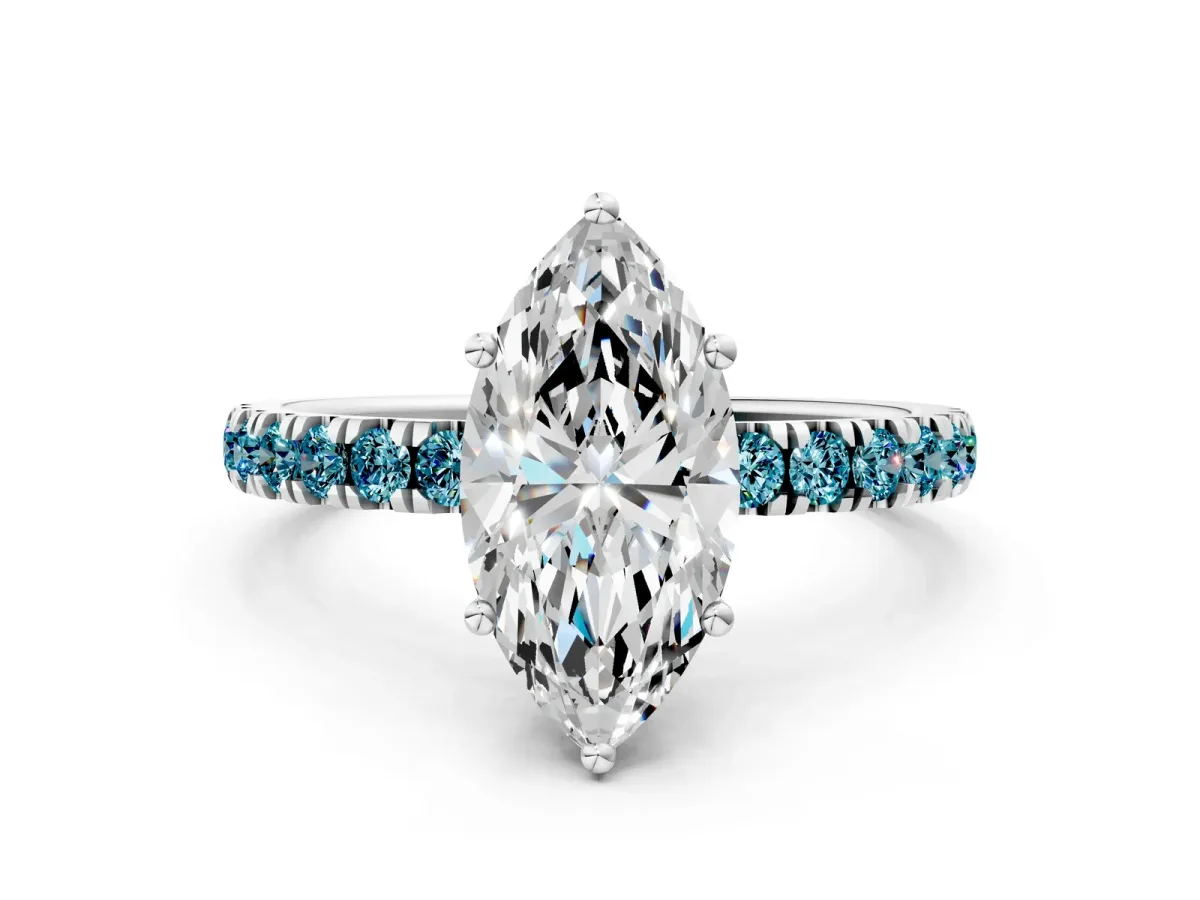 Marquise Cut Diamond Pave Band Solitaire Ring with Round Blue Topaz and Prong Setting Platinum