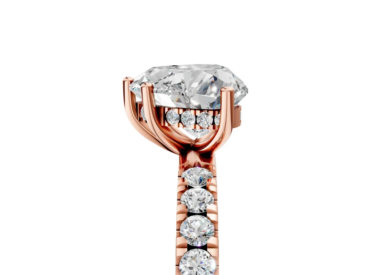 Heart Cut Diamond Pave Band Solitaire Ring with Round and Prong Setting Rose gold