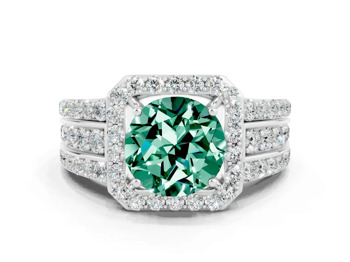Round Cut Halo Green Sapphire Ring with Round Split Shank and Prong Setting Platinum