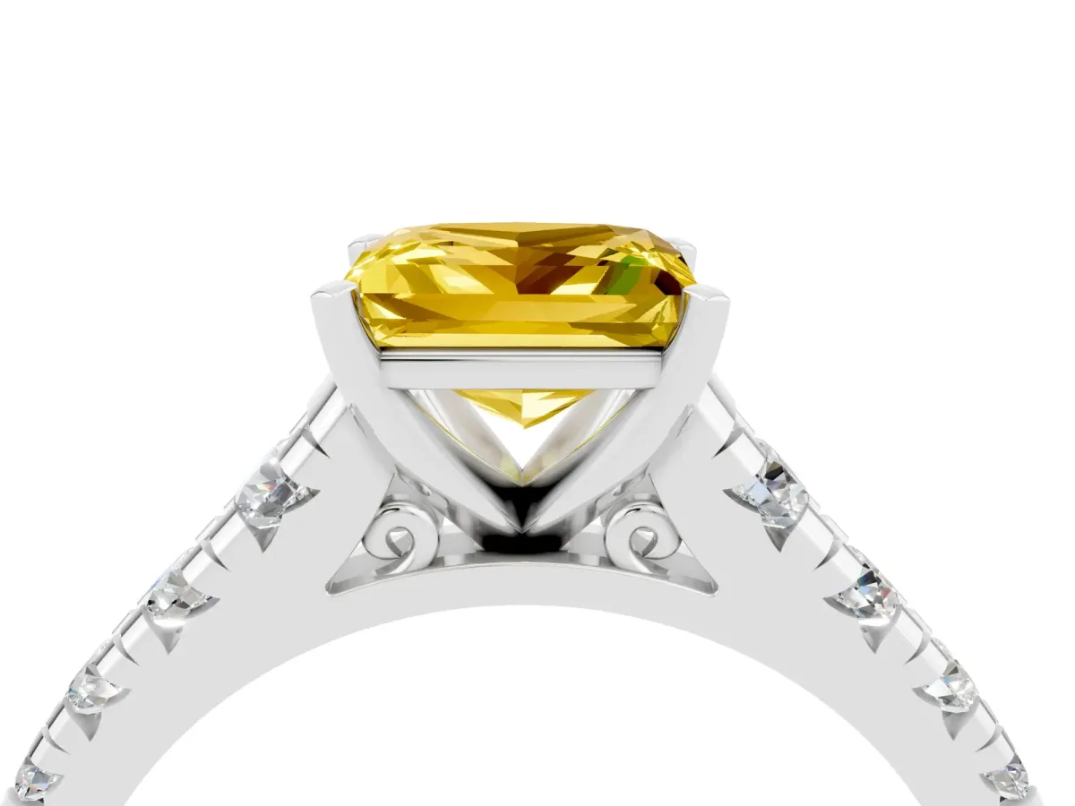 Princess Cut Yellow Sapphire Cathedral Solitaire Ring with Round Pavé Band Platinum