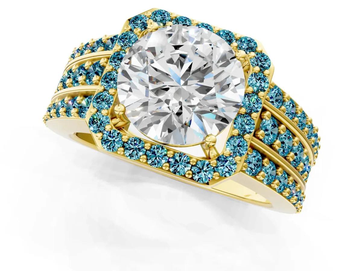 Round Cut Halo Diamond Ring with Round Blue Topaz Split Shank and Prong Setting Yellow gold