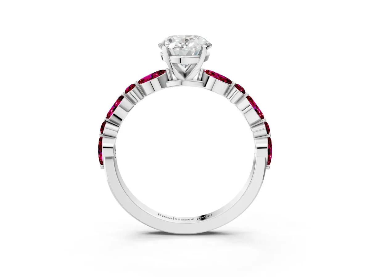Oval Cut Diamond Ring with Marquise and Round Garnet Side Stones and Four-Prong Setting Silver