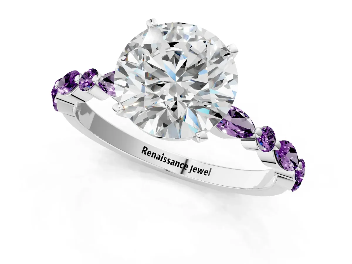 Round Cut Diamond Ring with Marquise and Round Amethyst Side Stones and Four-Prong Setting Silver