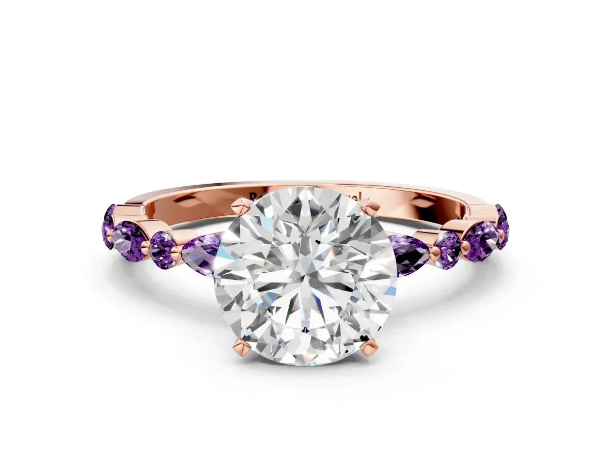 Round Cut Diamond Ring with Marquise and Round Amethyst Side Stones and Four-Prong Setting Rose gold