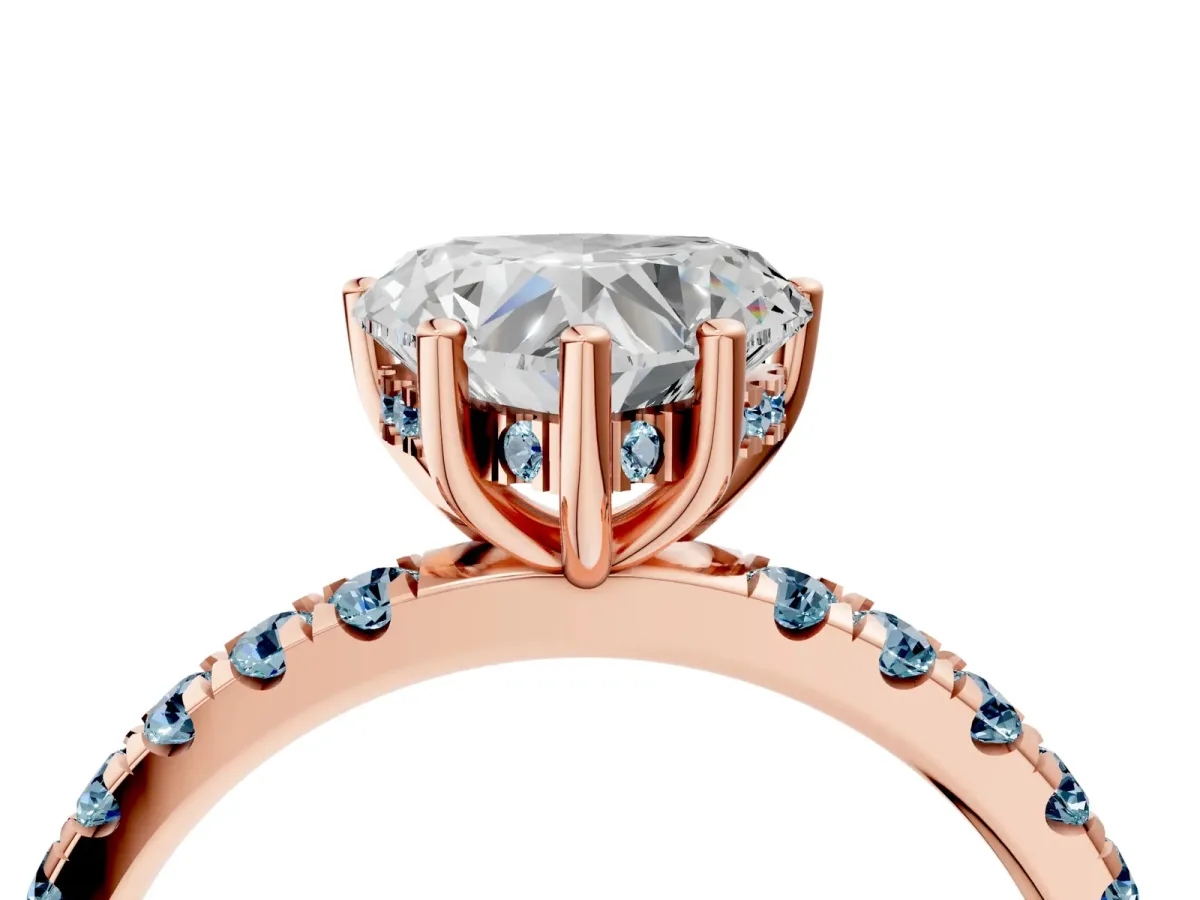 Heart Cut Diamond Pave Band Solitaire Ring with Round Aquamarine and Prong Setting Rose gold