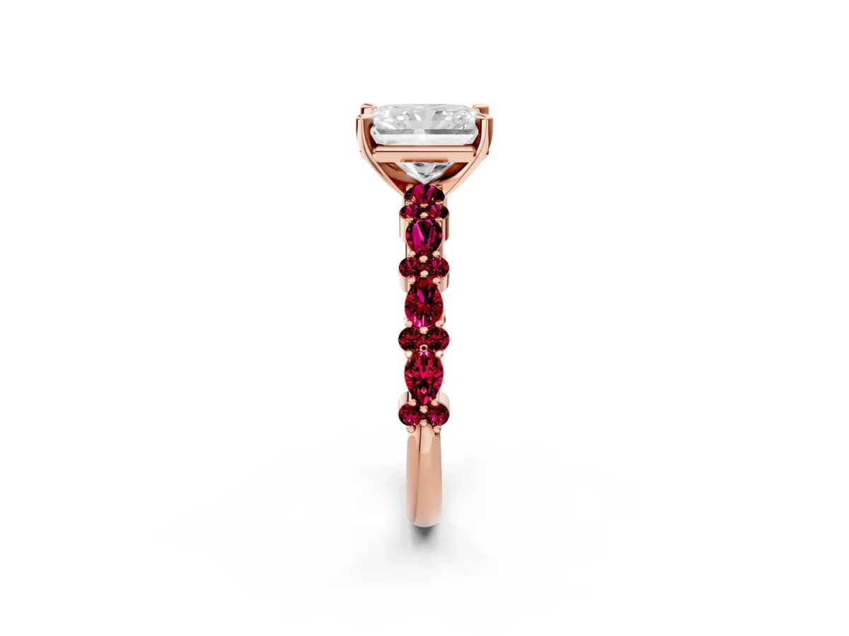 Radiant Cut Diamond Side Stone Solitaire Ring with Round Garnet and Four-Prong Setting Rose gold