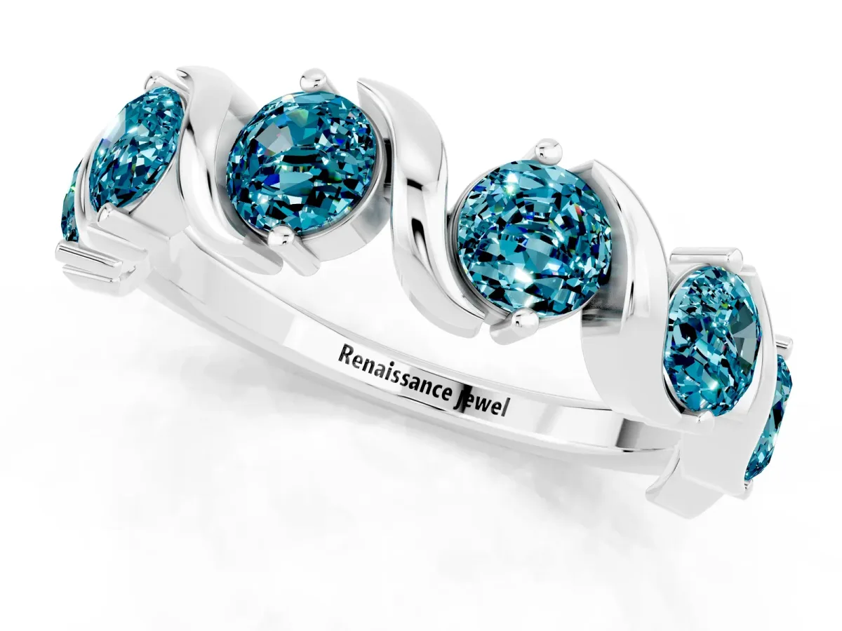 Round Blue Topaz Half Eternity Band with Wave Prong Setting White gold