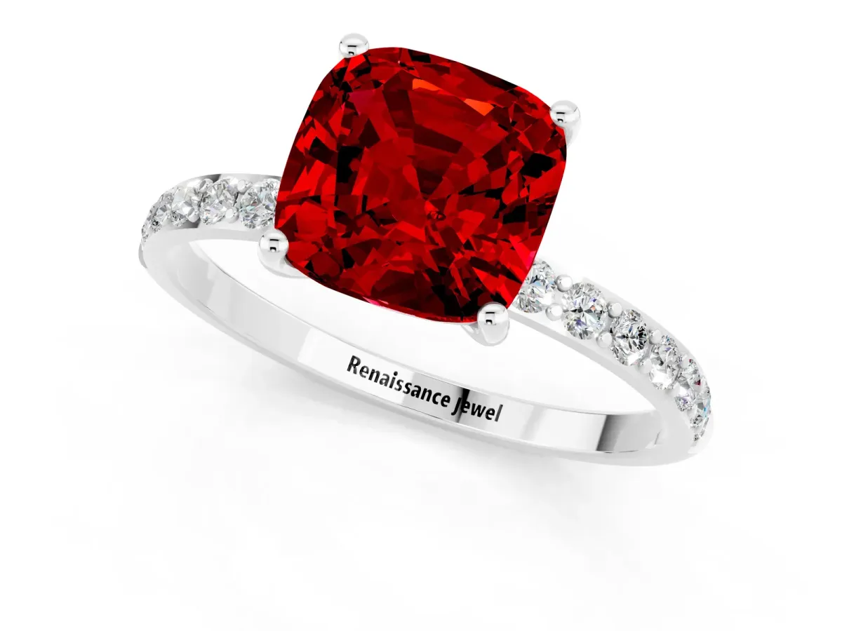 Cushion Cut Ruby Solitaire Ring with Round Pavé Band and Prong Setting White gold