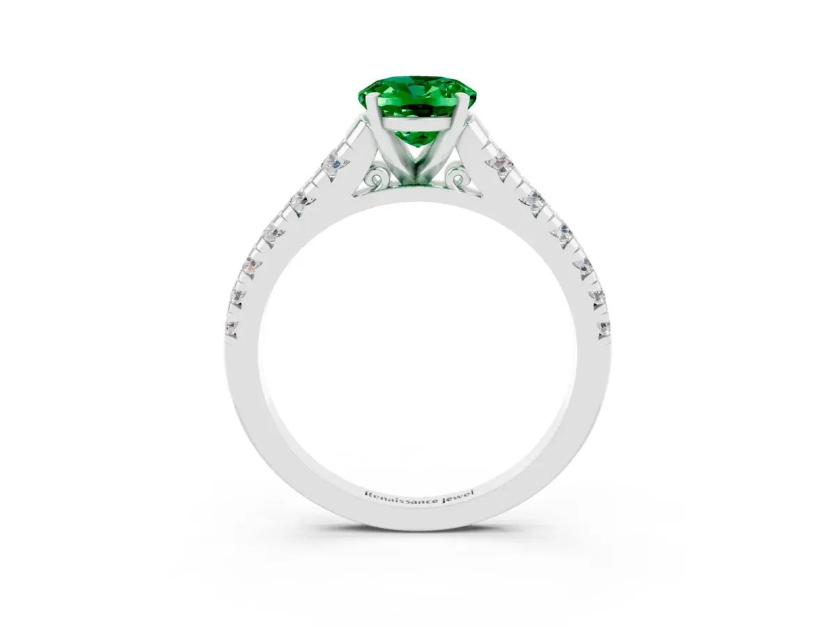 Oval Cut Emerald Cathedral Solitaire Ring with Round Pavé Band Silver