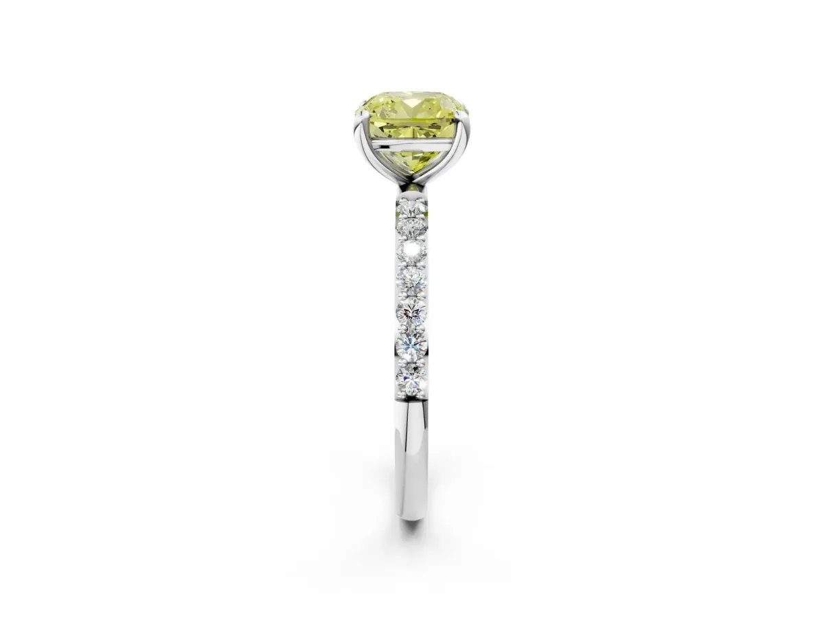Fancy Yellow Cushion Cut Diamond Solitaire Ring with Round Pavé Band and Prong Setting White gold