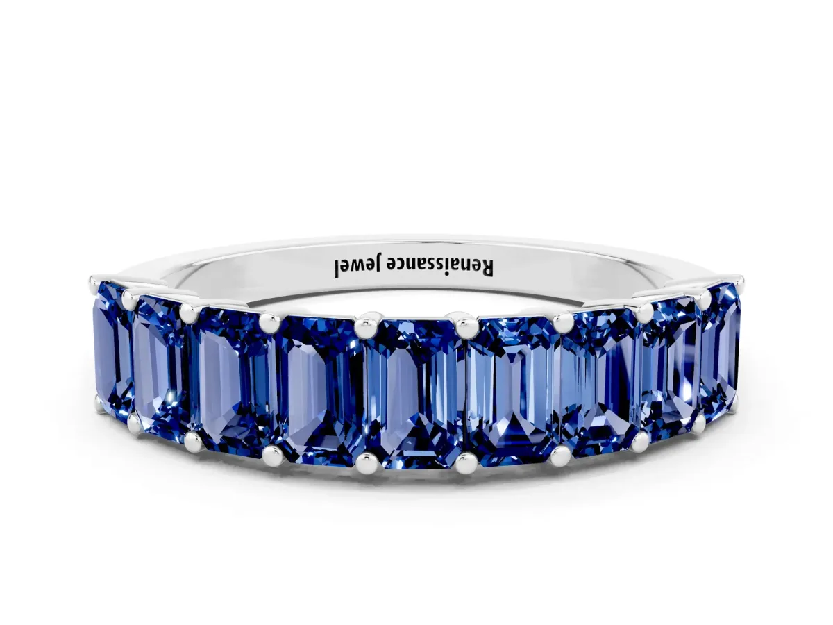 Emerald Cut Blue Sapphire Prong-Set Eternity Band Platinum