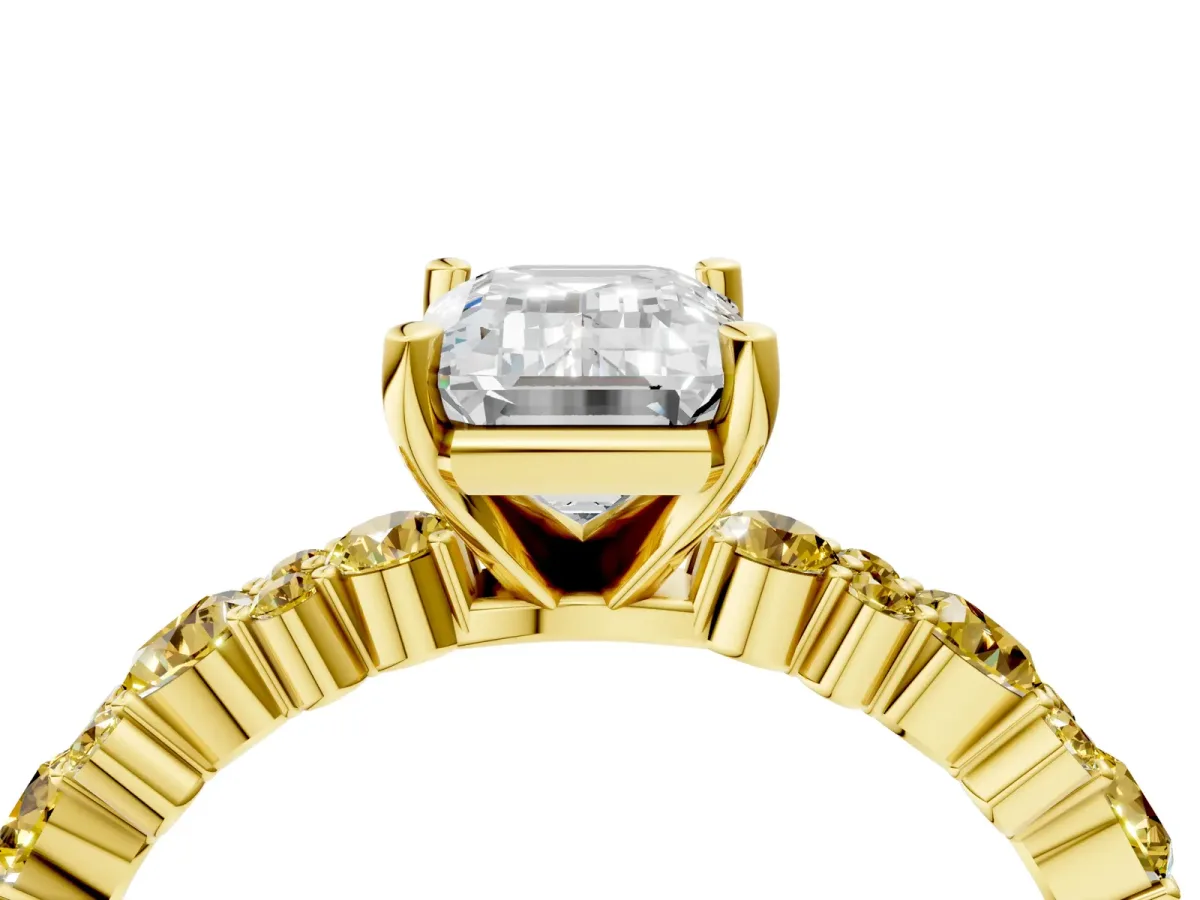Emerald Cut Diamond Side Stone Solitaire Ring with Round Yellow Sapphire and Four-Prong Setting Yellow gold