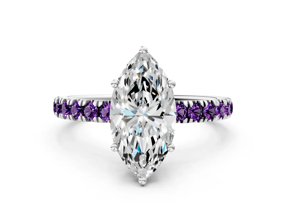 Marquise Cut Diamond Pave Band Solitaire Ring with Round Amethyst and Prong Setting Platinum