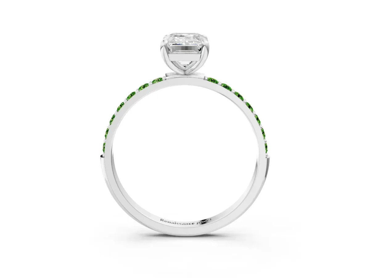 Emerald Cut Diamond Solitaire Ring with Round Peridot Pavé Band and Prong Setting White gold