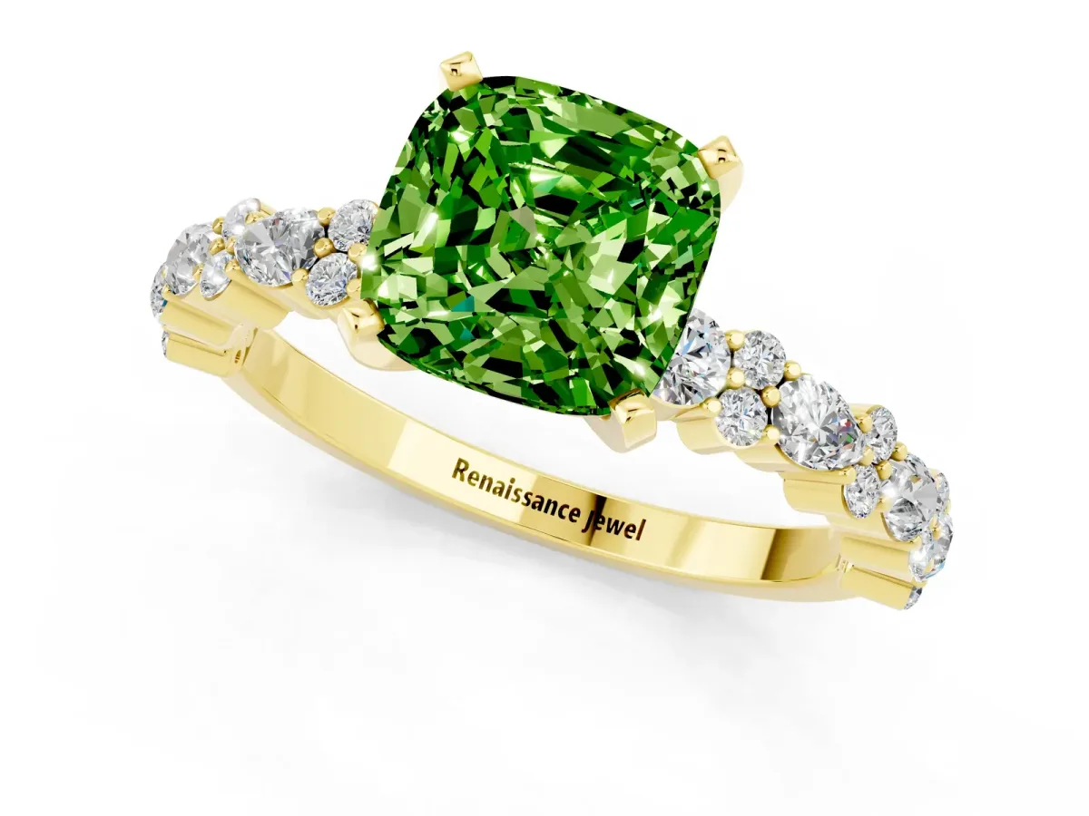 Cushion Cut Peridot Side Stone Solitaire Ring with Round and Four-Prong Setting Yellow gold