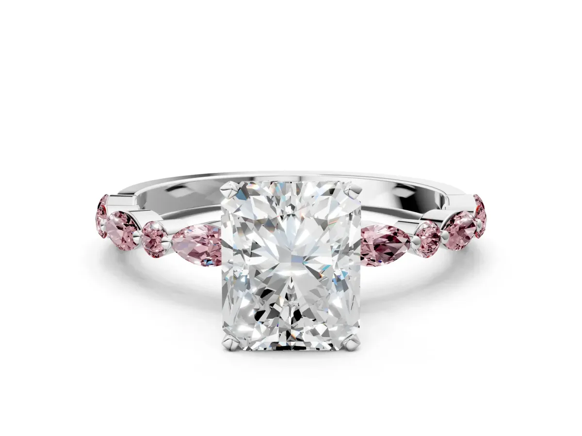 Radiant Cut Diamond Ring with Marquise and Round Morganite Side Stones and Four-Prong Setting Silver
