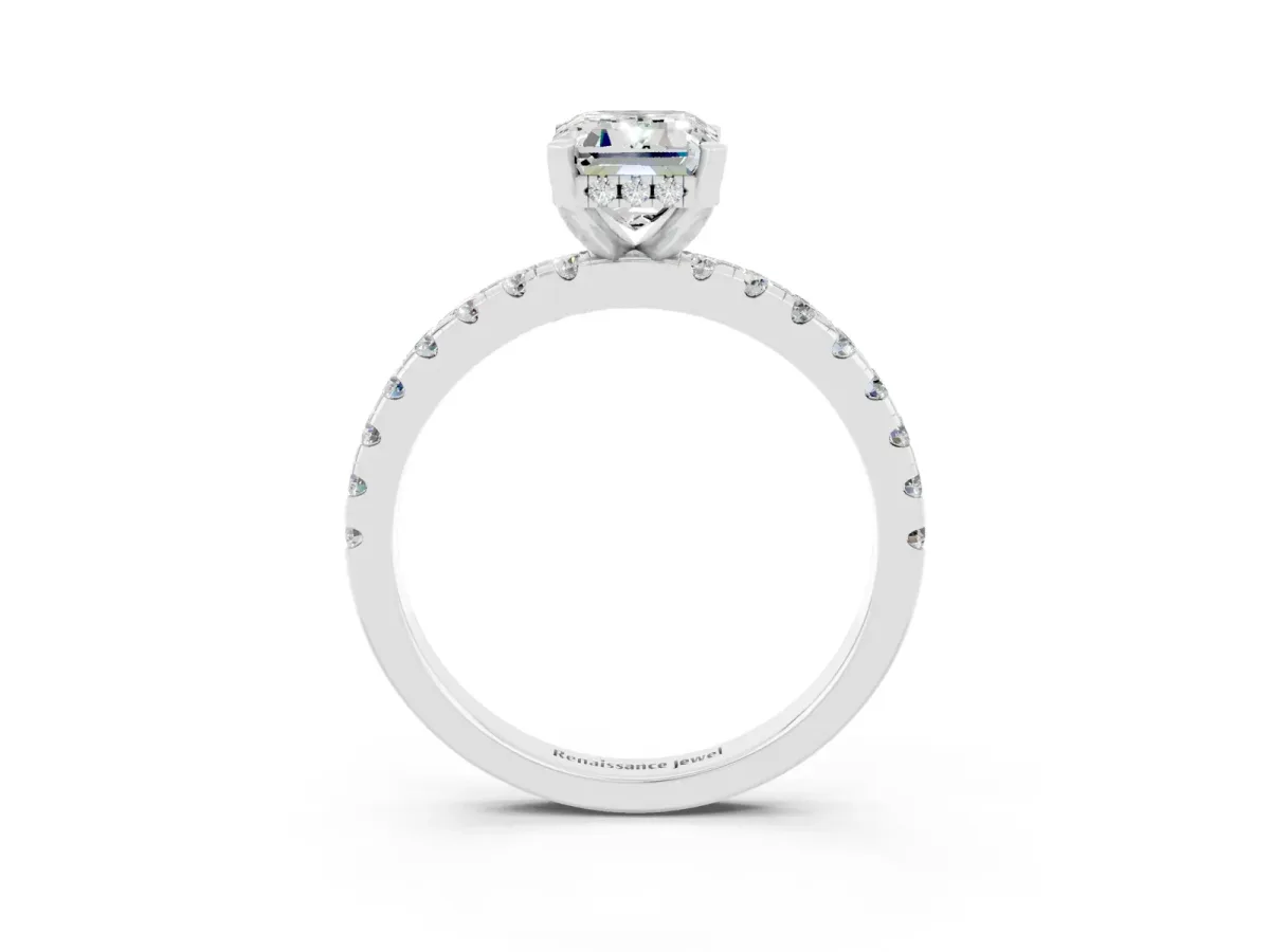 Emerald Cut Moissanite Solitaire Ring with Round Pavé Band and Four-Prong Setting Silver