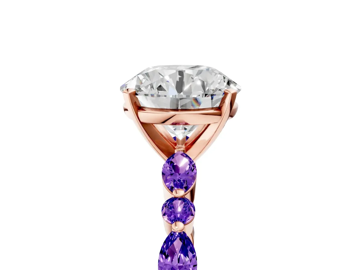 Round Cut Diamond Ring with Marquise and Round Tanzanite Side Stones and Four-Prong Setting Rose gold