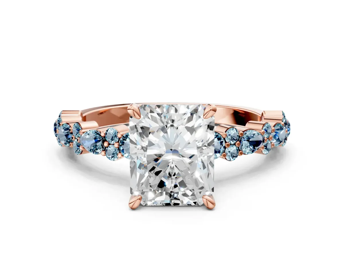 Radiant Cut Diamond Side Stone Solitaire Ring with Round Aquamarine and Four-Prong Setting Rose gold