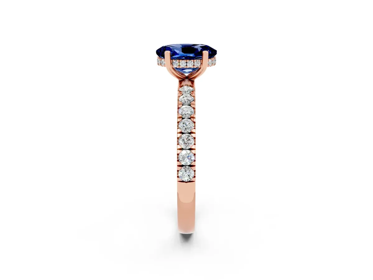 Oval Cut Blue Sapphire Pave Band Solitaire Ring with Round and Prong Setting Rose gold