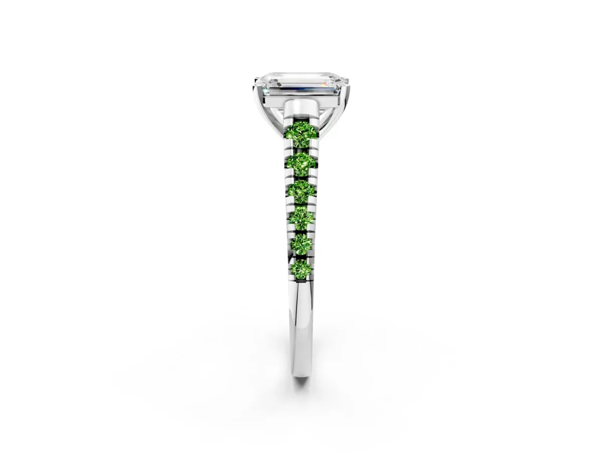Emerald Cut Diamond Cathedral Solitaire Ring with Round Peridot Pavé Band Silver