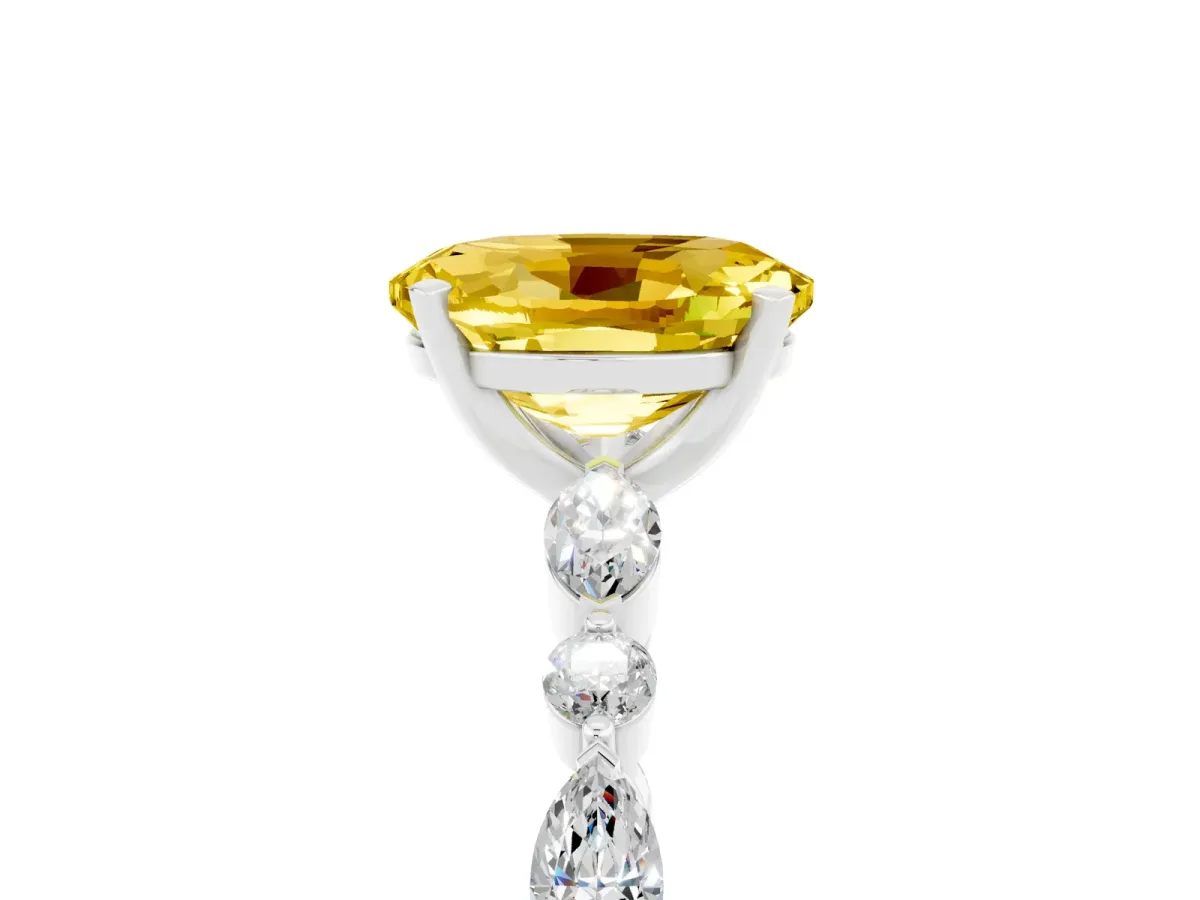 Oval Cut Yellow Sapphire Ring with Marquise and Round Side Stones and Four-Prong Setting Silver