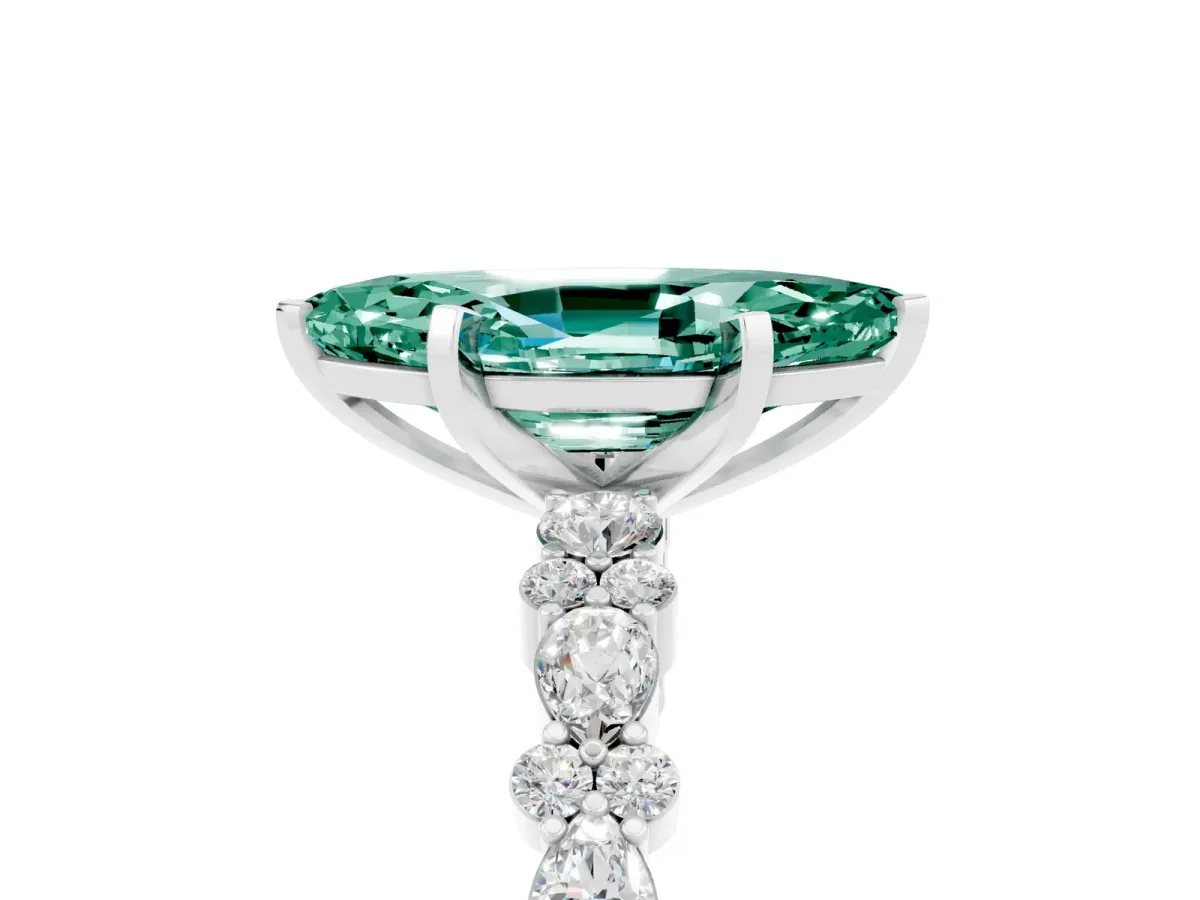 Marquise Cut Green Sapphire Side Stone Solitaire Ring with Round and Four-Prong Setting Platinum
