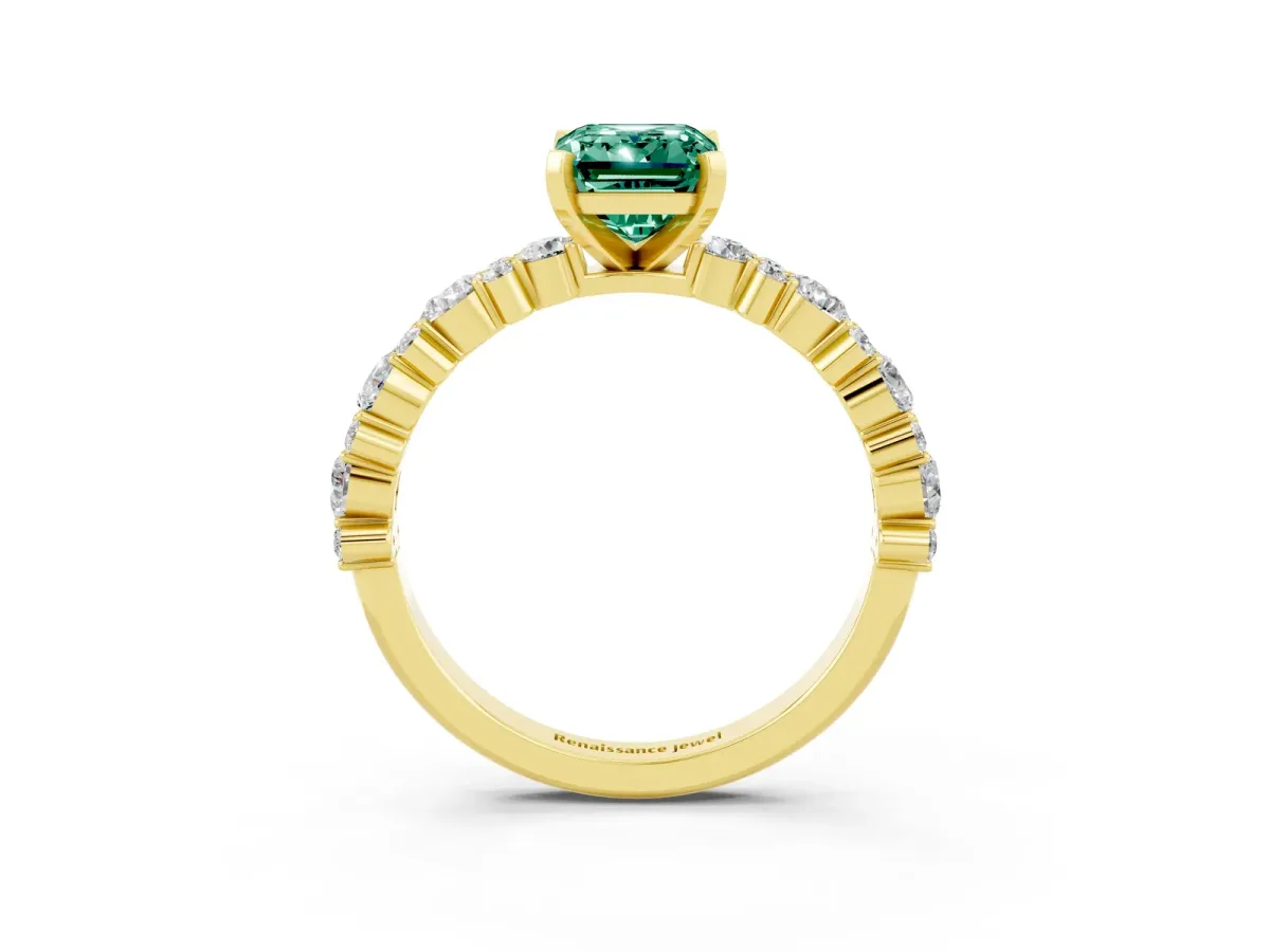 Emerald Cut Green Sapphire Side Stone Solitaire Ring with Round and Four-Prong Setting Yellow gold