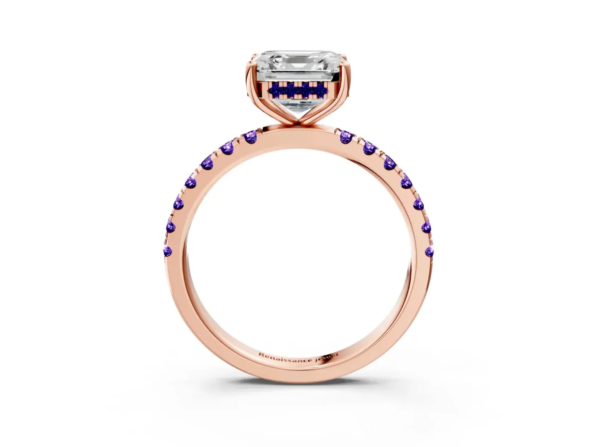 Asscher Cut Diamond Pave Band Solitaire Ring with Round Tanzanite and Prong Setting Rose gold