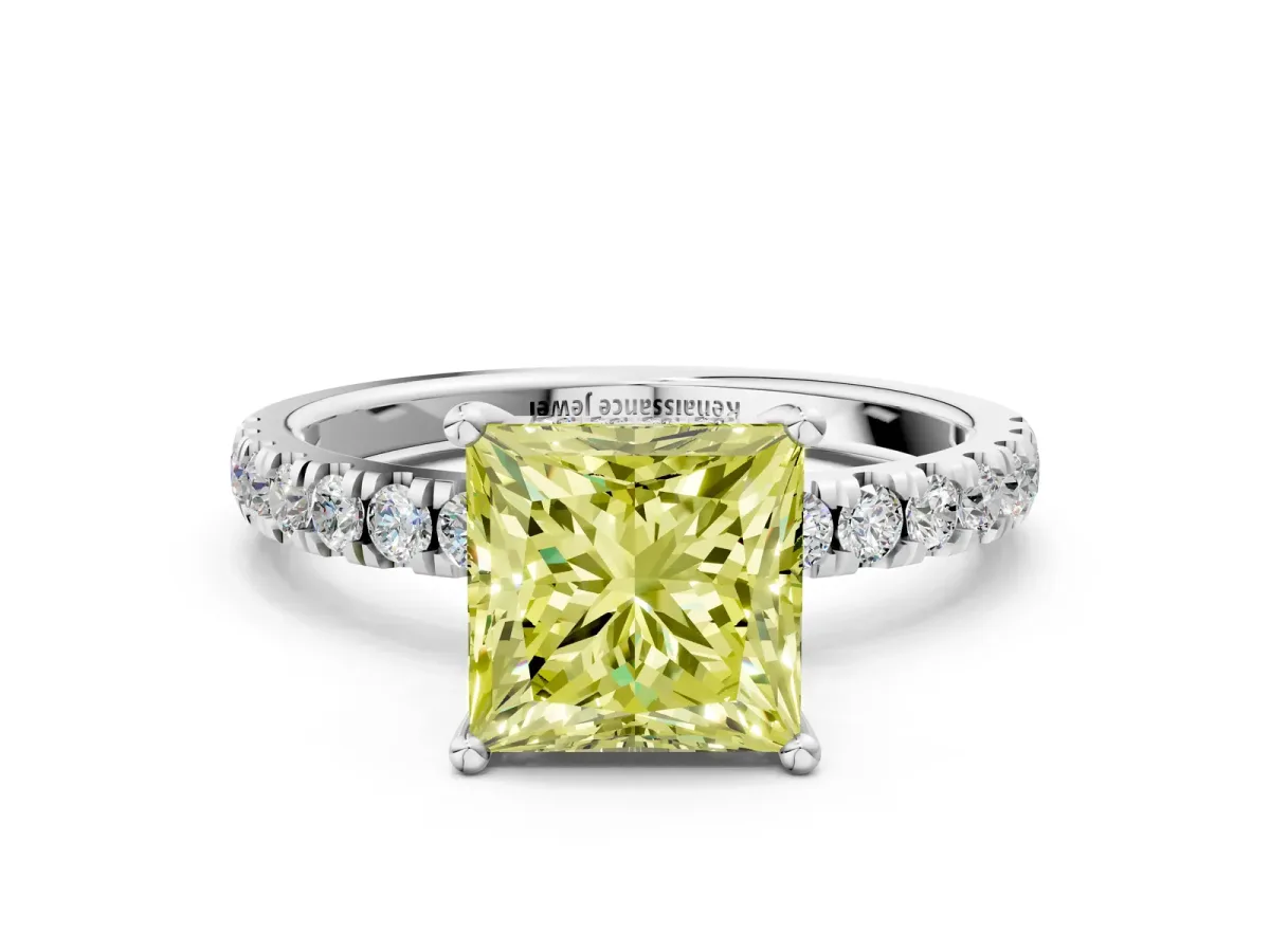 Fancy Yellow Princess Cut Diamond Pave Band Solitaire Ring with Round and Prong Setting Silver