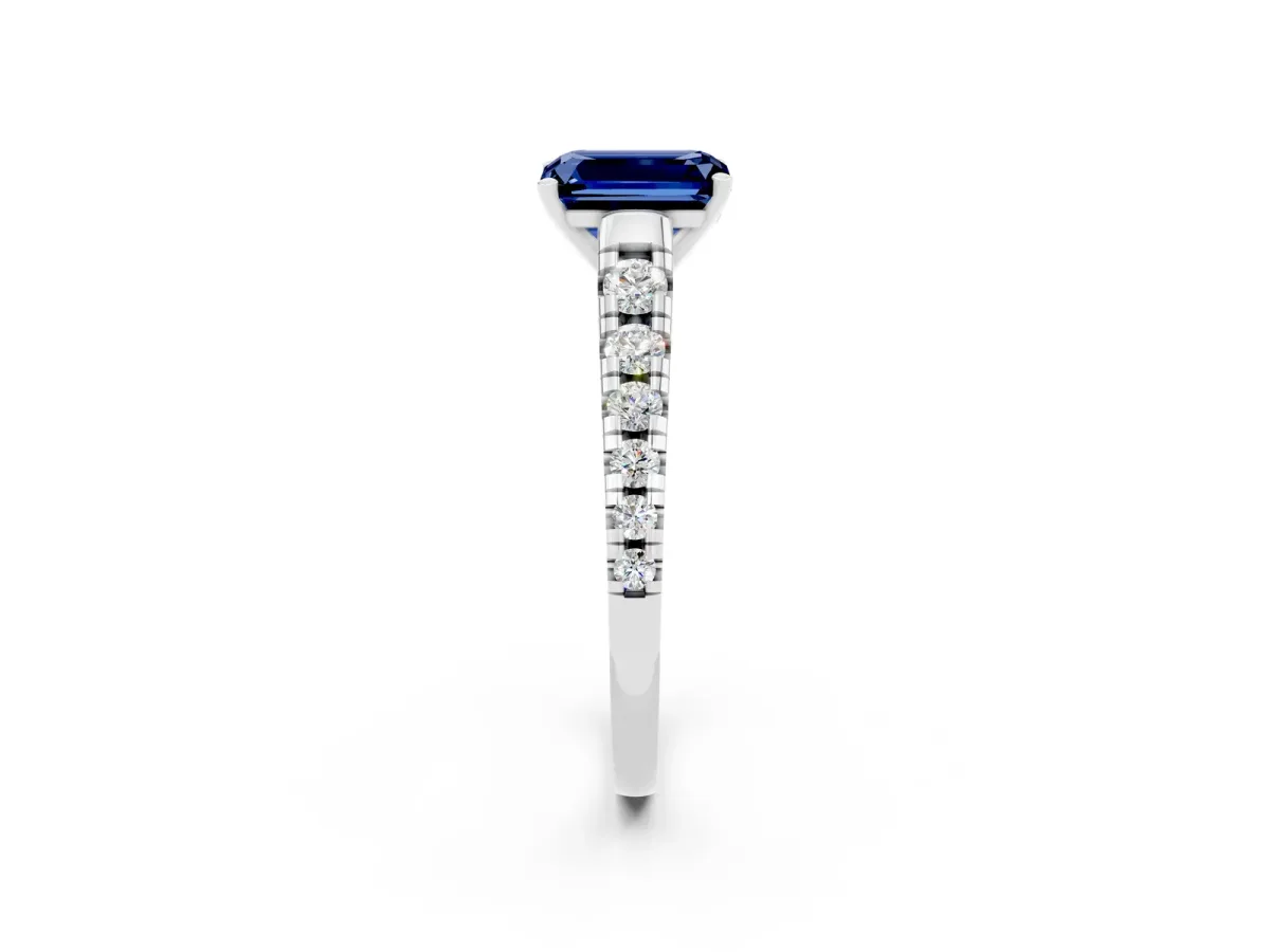 Emerald Cut Blue Sapphire Cathedral Solitaire Ring with Round Pavé Band Platinum