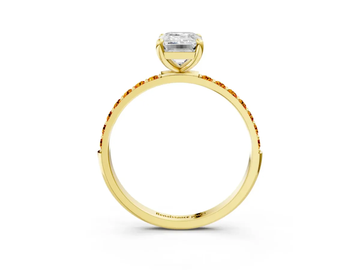 Emerald Cut Diamond Solitaire Ring with Round Citrine Pavé Band and Prong Setting Yellow gold