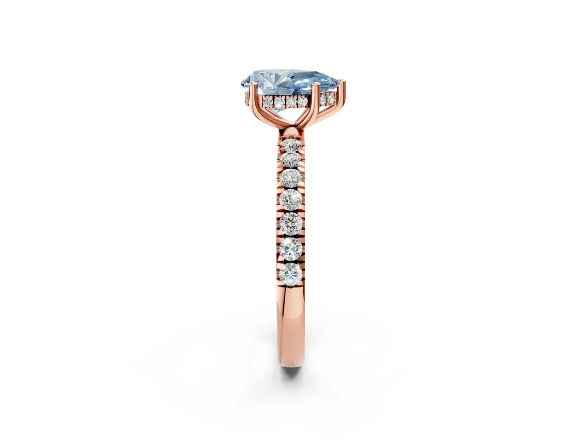 Fancy Blue Pear Cut Diamond Pave Band Solitaire Ring with Round and Prong Setting Rose gold