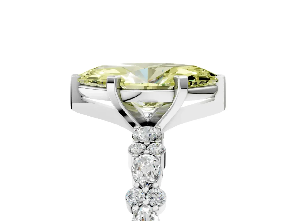 Fancy Yellow Marquise Cut Diamond Side Stone Solitaire Ring with Round and Four-Prong Setting White gold