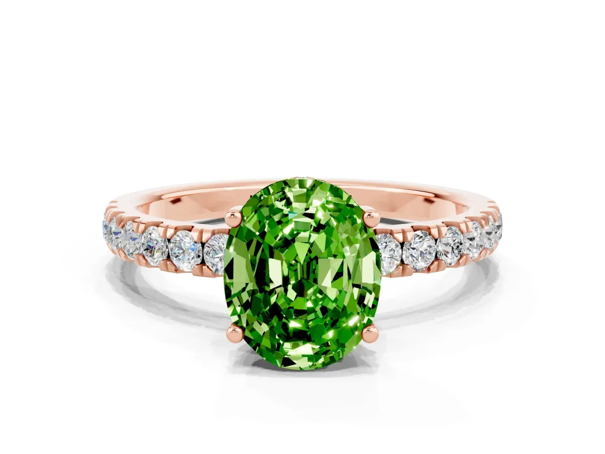 Oval Cut Peridot Pave Band Solitaire Ring with Round and Prong Setting Rose gold