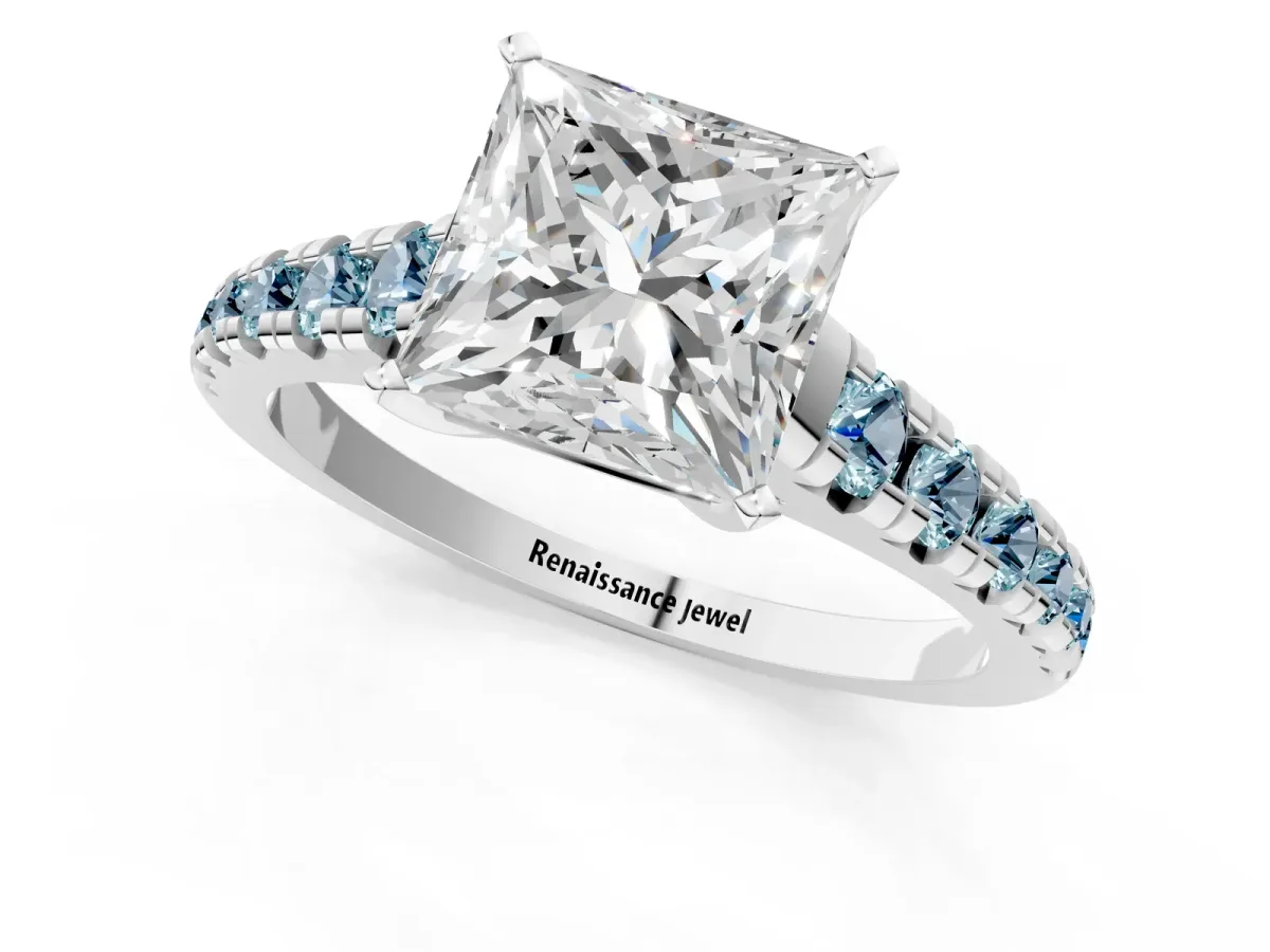 Princess Cut Diamond Cathedral Solitaire Ring with Round Aquamarine Pavé Band Silver