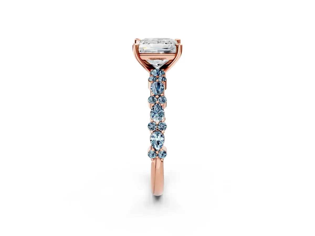 Princess Cut Diamond Side Stone Solitaire Ring with Round Aquamarine and Four-Prong Setting Rose gold