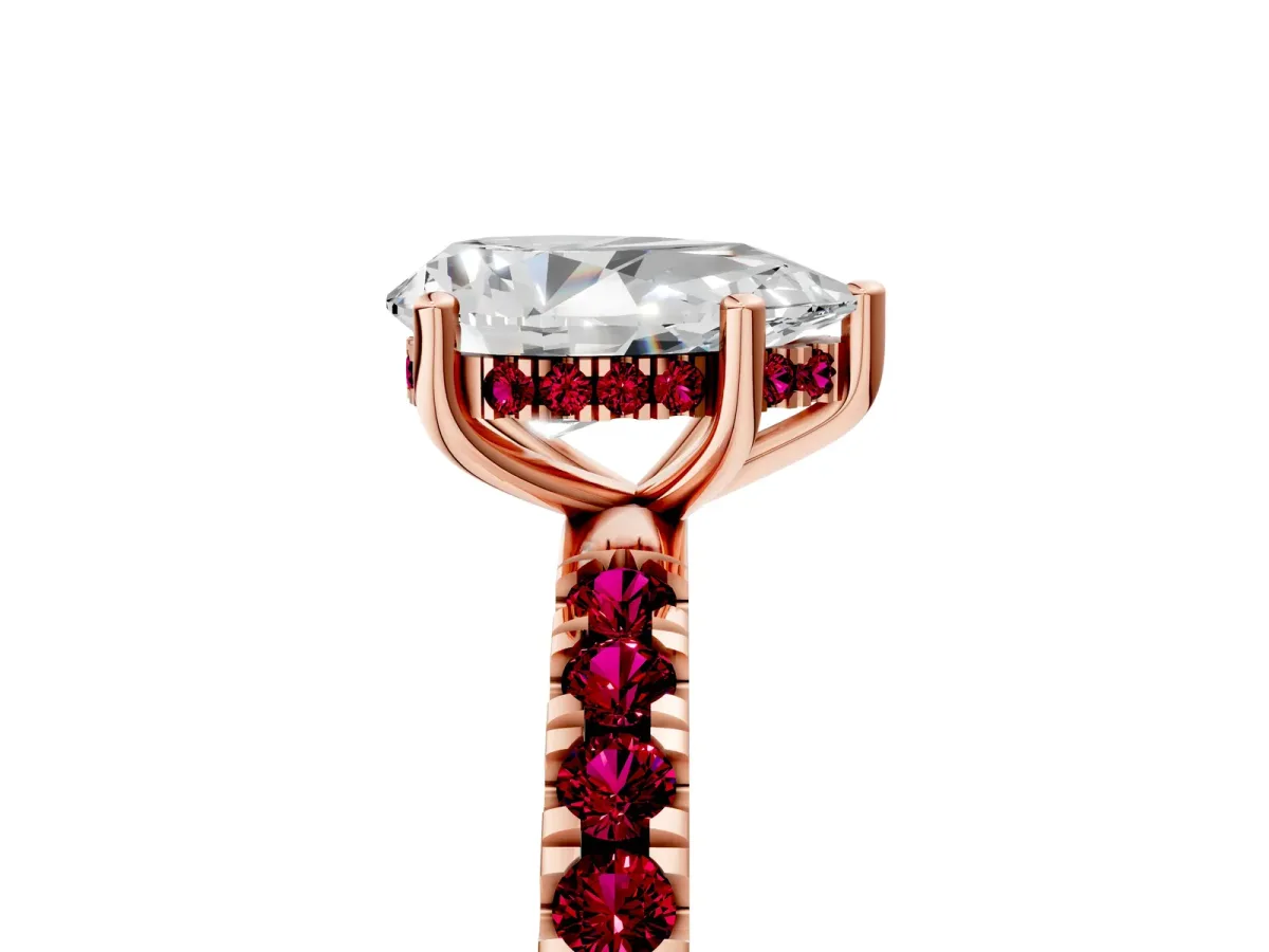 Pear Cut Diamond Pave Band Solitaire Ring with Round Garnet and Prong Setting Rose gold