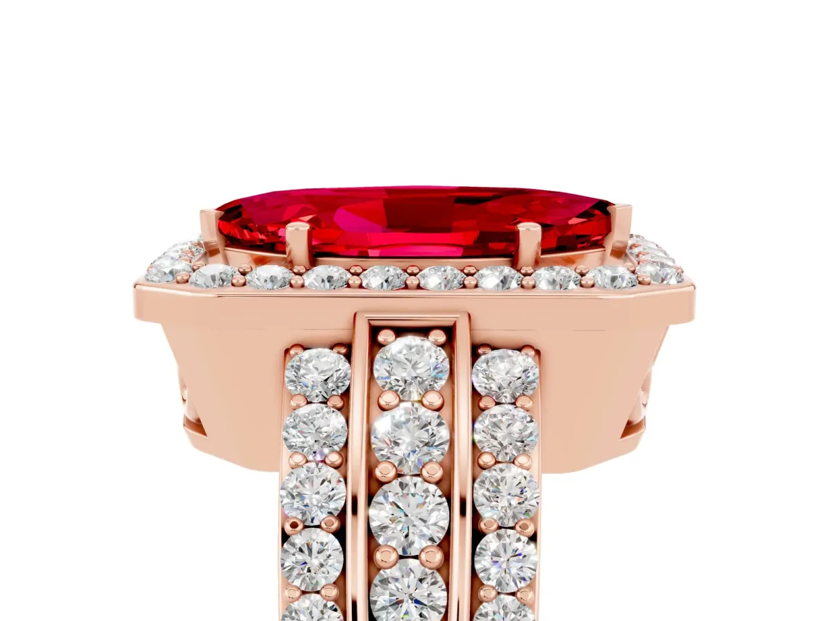Marquise Cut Halo Ruby Ring with Round Split Shank and Prong Setting Rose gold